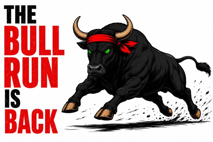 A graphic illustration showing a charging black bull with a red headband and glowing green eyes, accompanied by bold text reading 'THE BULL RUN IS BACK'.