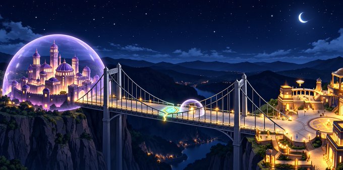 A fantasy digital artwork of a glowing suspension bridge connecting two illuminated palace cities at night, with a large purple protective dome over one castle and a crescent moon in the starry sky.