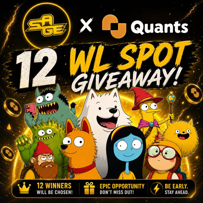 A promotional graphic announces the "SAGE AIRDROPS x Quants 12 Whitelist Spot Giveaway," featuring cartoon characters (a white dog, orange cat, blue girl, wizard gnome, and green monster) against a fiery background, with bottom banners stating "12 Winners Will Be Chosen," "Epic Opportunity Don't Miss Out," and "Be Early. Stay Ahead." The image visually represents the collaboration between SAGE Airdrops and Quants NFT offering 12 free mint whitelist spots.