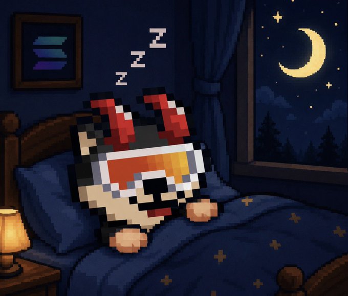 A pixelated character wearing a jester hat sleeps peacefully in a bed under a starry night sky with a crescent moon, with "Z"s floating above indicating sleep, while "CT" appears framed on the wall—suggesting a playful "Goodnight CT" post.