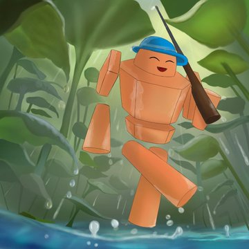 A cartoon illustration depicts a cheerful orange clay figure wearing a blue hat and carrying a rifle, walking through a green jungle environment with raindrops falling.