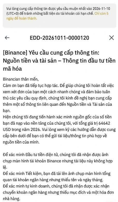 A Binance support email in Vietnamese (EDD-20261011-0000120) requesting Source of Funds and Asset information, referencing a deposit of 64642 USD in 2026 and listing document requirements.