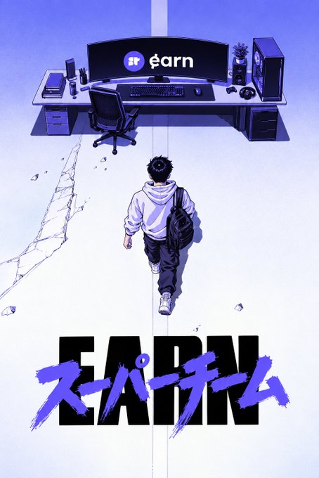 An anime-style illustration shows a young man walking toward a large gaming/setup desk displaying "śr ɛarn" on its monitors, accompanied by bold text reading "EARN" alongside Japanese-style brush strokes. The image visually reinforces the post's call to "log in, lock in, EARN" by depicting a determined figure moving forward toward a workstation, symbolizing focus, grinding, and the pursuit of crypto earnings.