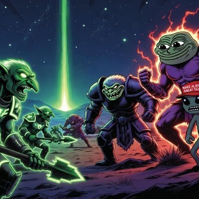 The image features a group of characters from different comic book series gathered together under a starry sky. The characters include a green alien, a purple troll, and a green elf. They appear to be engaged in an intense battle or fight, with each character wielding their own unique weapon. The scene is set against the backdrop of a dark night sky filled with stars, creating a sense of mystery and excitement. The post also includes text that reads "GOBLIN • TROLL •• ALIEN SUMMER IS HERE The chaos season has officially begun. $GTAS2026 is bringing pure meme energy, wild vibes, and unstoppable community momentum to Solana".