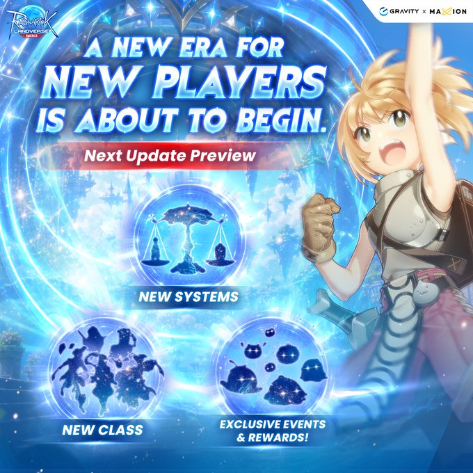 The image features a woman standing next to a blue background that has text written on it. The text reads "A new era for New Players is about to begin". Below this, there are three different types of systems displayed with their respective descriptions. These systems include a class system, an exclusive events system, and a rewards system.