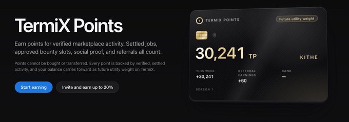 A promotional graphic for 'TermiX Points' showing a digital card with a balance of 30,241 TP for user 'KITHE', explaining that points are earned through verified marketplace activity.