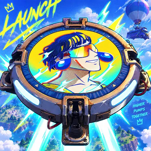 A vibrant anime/manga-style illustration featuring the word 'LAUNCH' at the top, showing a character with blue hair and sunglasses inside a circular mechanical frame, with a hot air balloon in the background and text reading 'HIGHER PUMPS TOGETHER'.
