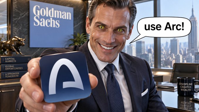 An AI-generated image depicts a man in a suit in a Goldman Sachs office holding up an app icon with the letter "A", with a speech bubble saying "use Arc!"