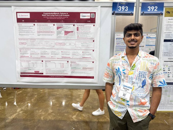Darshan Tank stands beside his poster titled "CryptoAnalystBench: Failures in Multi-Tool Long-Form LLM Analysis" (KDD 2026) at booth 393, presenting his research from Sentient at the conference.