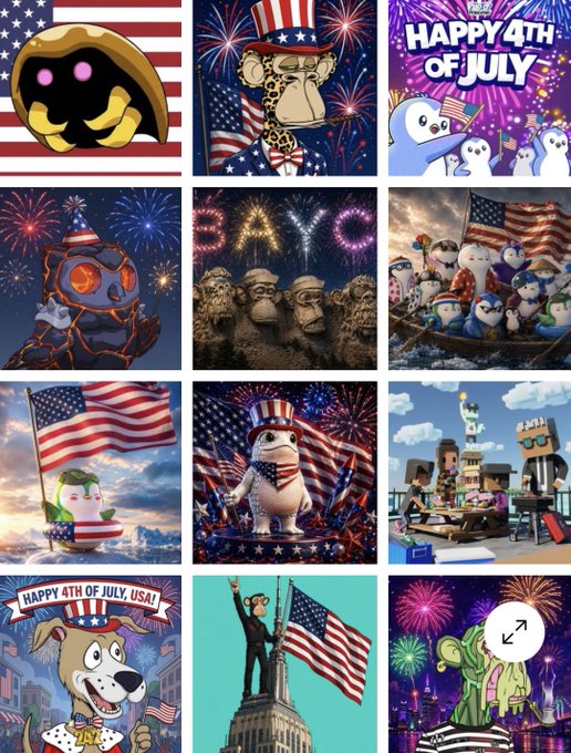 A 4x3 grid of AI-generated patriotic American images with a 'Happy 4th of July' theme, featuring animals (elephants, giraffes, turtles, dogs) and monkeys wearing Uncle Sam hats, holding American flags, and posing like the Statue of Liberty amid fireworks.