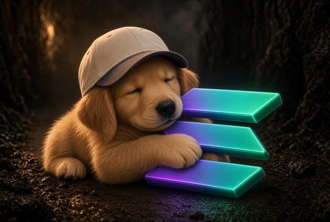 A sleepy golden puppy wearing a beige cap rests peacefully against three glowing, teal-and-purple gradient slabs that resemble stylized coins or tokens, fittingly symbolizing $PUP as "The Trenches' Best Friend." The cozy, loyal dog imagery reinforces the token's meme-friendly branding aimed at crypto "trench" communities.
