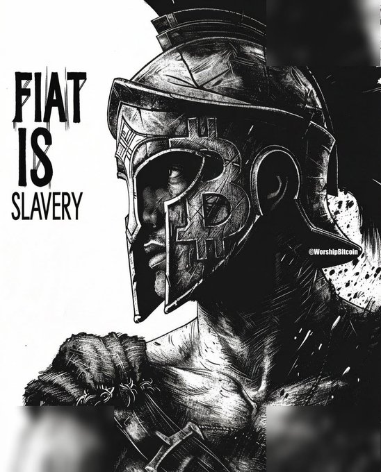 A black and white illustration of a Roman-style gladiator helmet decorated with a Bitcoin 'B' symbol, accompanied by the text 'FIAT IS SLAVERY' and watermark '@WorshipBitcoin'.