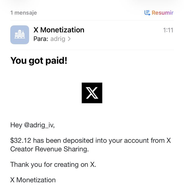 Screenshot of an email from X Monetization notifying user @adrig_iv that $32.12 has been deposited from X Creator Revenue Sharing.