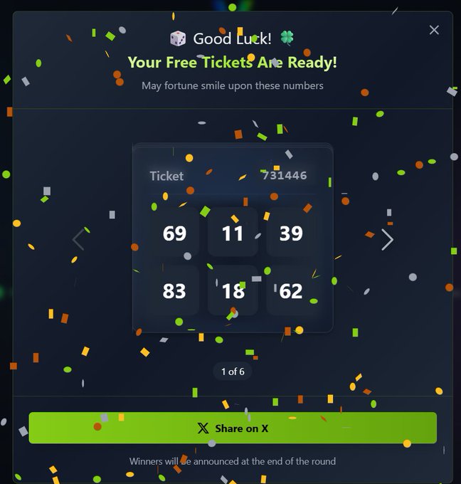 A "Good Luck! Your Free Tickets Are Ready!" popup with confetti displays a lottery ticket (#731446) showing numbers 69, 11, 39, 83, 18, and 62, marked as "1 of 6" with a "Share on X" button below. The image directly illustrates the post's message about claiming 6 free VeBetterDAO lottery tickets for the VeLottery draw, with one of the lucky number combinations revealed.