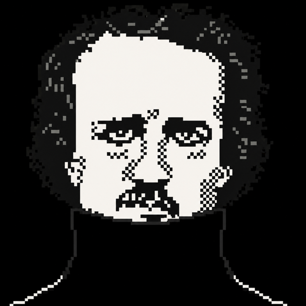 A black and white pixel art style portrait of a person with curly hair and a weary expression, known as the 'Doomer' meme character.