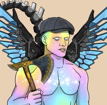 A digitally remastered NFT artwork features a shirtless male figure with a galaxy-patterned torso, glowing white eyes, a cigarette in his mouth, and mechanical angel wings, holding a sword while wearing a dark cap. The image aligns with the post's description as a vibrant, upgraded version from the Solgods NFT collection, showcasing enhanced colors and intricate cyberpunk-inspired details.
