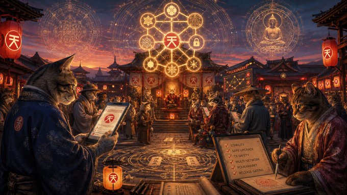 A fantasy illustration showing anthropomorphic cats in traditional Japanese attire examining digital devices in a temple-like setting with glowing magical symbols and lanterns.