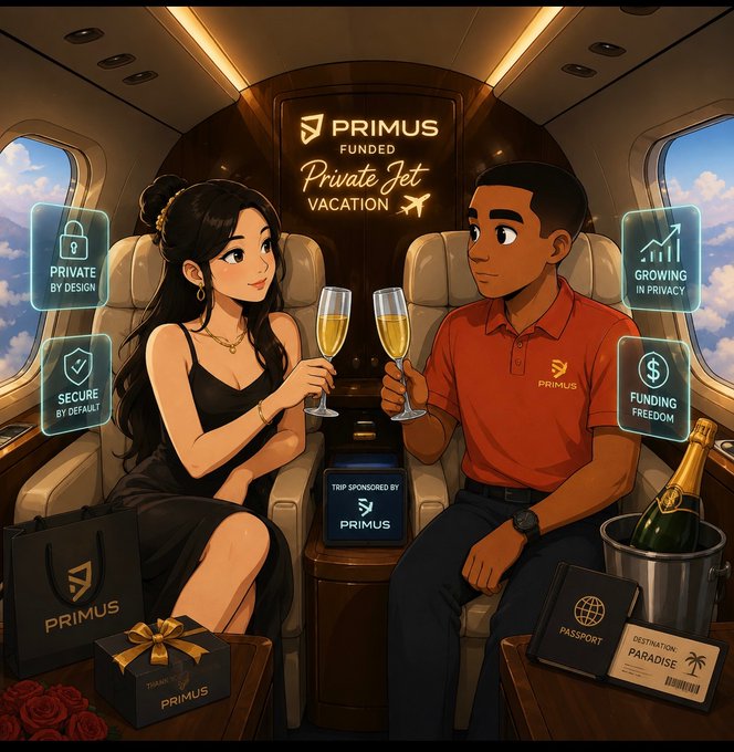 An animated promotional illustration of a couple toasting champagne inside a private jet branded 'PRIMUS FUNDED Private Jet VACATION', surrounded by floating icons for 'PRIVATE BY DESIGN', 'SECURE BY DEFAULT', 'GROWING IN PRIVACY', and 'FUNDING FREEDOM'.
