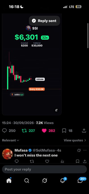 A Twitter/X screenshot shows a user's post about a stock ticker '$SSI' reaching $6,301 with a 32x multiplier, featuring a green and red candlestick chart.