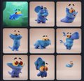 A grid of small icons displays various blue cartoon characters, including birds and a dog, in different poses.