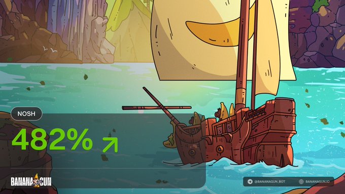 A digital artwork featuring a ship sailing on water with a large banana character, displaying a graphic that reads 'NOSH 482% ↗' with 'BANANA GUN' branding.