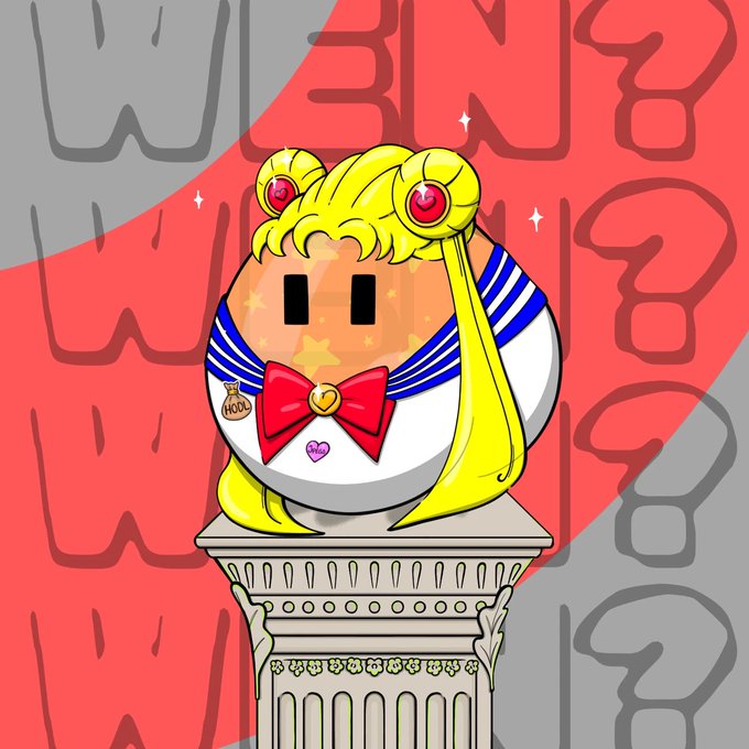 A cartoon illustration of a round character resembling Sailor Moon with blonde hair, twin buns, a sailor collar with a red bow, and a small 'HONK' pouch, displayed on a pedestal against a red and gray 'WTF?' question mark patterned background.