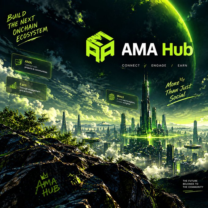 Promotional graphic for "AMA Hub" featuring a futuristic cityscape with green neon accents and text including "BUILD THE NEXT ONCHAIN ECOSYSTEM," "CONNECT / ENGAGE / EARN," and "MORE THAN JUST SOCIAL."