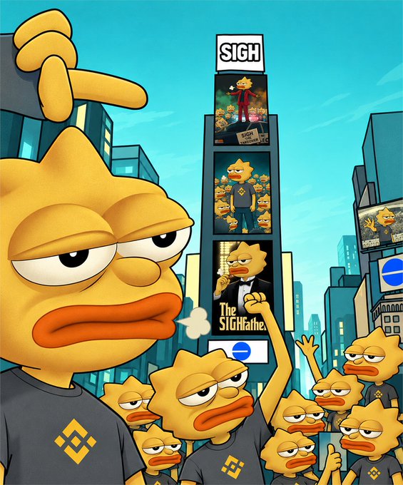 An illustration featuring cartoon ducks wearing shirts with the Binance logo, set against a city backdrop with billboards and a 'SIGH' speech bubble at the top.