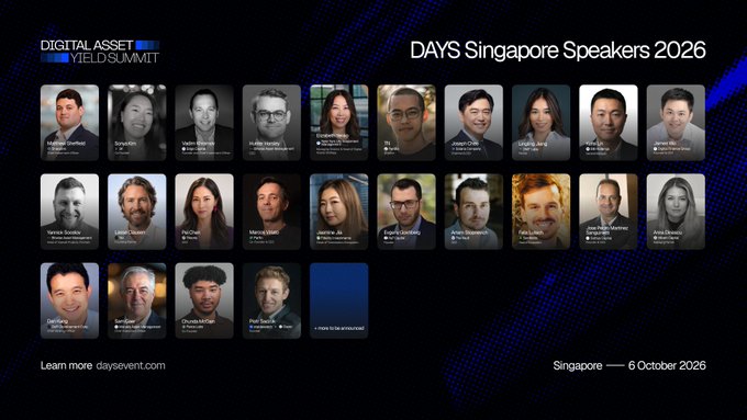 A promotional graphic for 'DAYS Singapore Speakers 2026' by Digital Asset Yield Summit, displaying a grid of headshots of over 20 speakers with the event scheduled for Singapore on 6 October 2026.