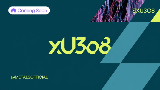 A teal promotional graphic announces the upcoming launch of "xU3O8" with a "Coming Soon" badge, a stylized yellow-green logo, and the handle "@METALSOFFICIAL," matching the post's teaser for a Tezos-based uranium-backed token launching on Kraken.