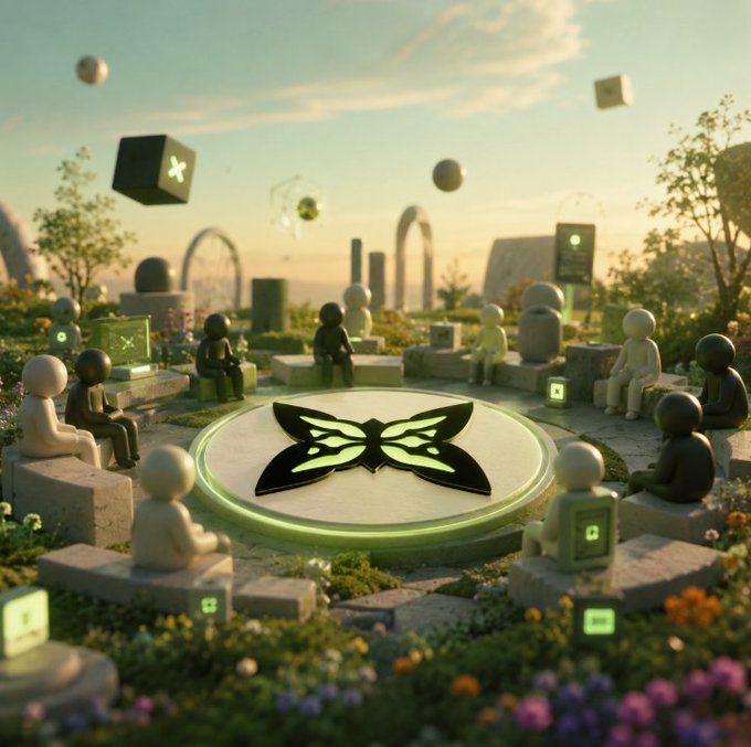 A whimsical 3D-rendered scene depicts a circular gathering of stylized humanoid figures seated around a glowing platform featuring a green butterfly emblem, with floating cubes and arched structures in a garden-like setting.