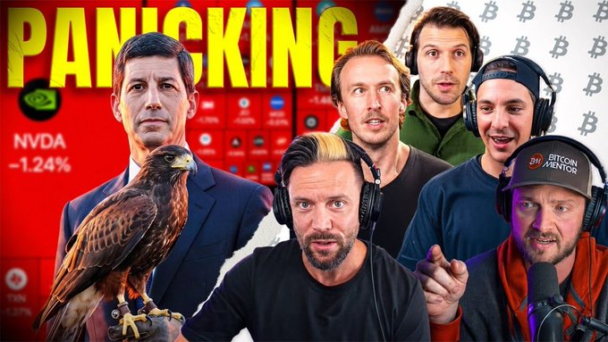 A thumbnail featuring a collage of five podcasters, with the headline "PANICKING" and "NVDA -1.24%" displayed, alongside a hawk and Bitcoin logos, promoting a live discussion about the "Warsh Meeting" being bullish for Bitcoin.