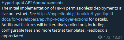 A Hyperliquid API announcement tweet reporting that the initial implementation of HIP-4 permissionless deployments is live on testnet, with a link to documentation at hyperliquid.gitbook.io and noting that 173 people have liked the post with 1,331 views, directly supporting the post's headline about Hyperliquid launching permissionless HIP-4 deployments on testnet.