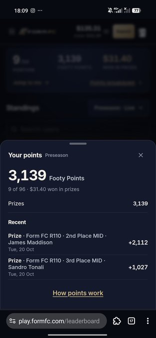 A mobile webpage for Form FC points shows a bottom sheet titled “Your points Preason” with “3,139 Footy Points,” “9 of 96 - $31.40 won in prizes,” and recent prize entries.