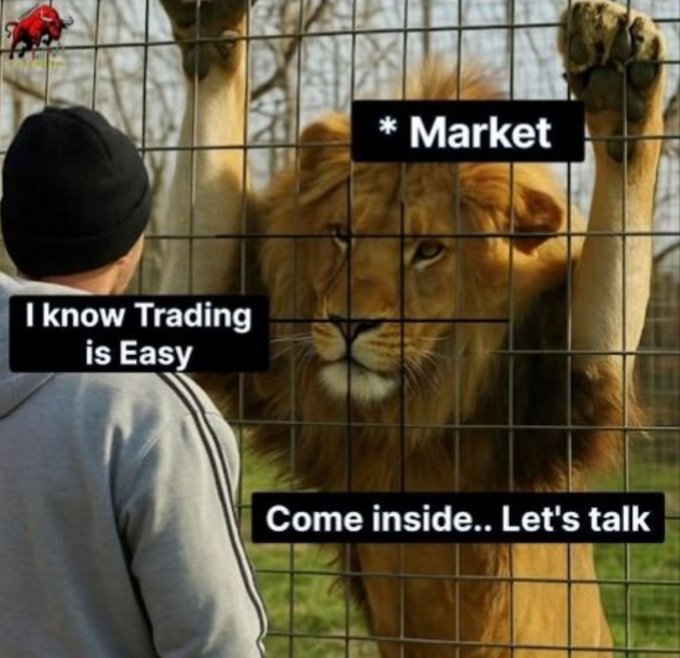 A young man in a beanie stands before a lion in a cage. The lion, labeled "*Market," says "Come inside.. Let's talk," while the man confidently states "I know Trading is Easy," illustrating the false confidence traders have before facing the harsh realities of the market.