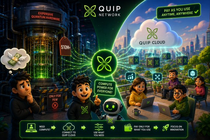 A split-scene illustration contrasts the prohibitive cost of quantum hardware ("$10M+," "Only for Few") on the left with Quip Cloud's accessible "Pay as You Use" model on the right, where diverse users tap into shared quantum compute "for everyone!" The bottom workflow ("Need Compute? → Connect to Quip Cloud → Use What You Need → Pay Only for What You Use → Focus on Innovation") visually reinforces the post's central message: that Quip Network aims to transform quantum computing into a shared, on-demand internet resource much like today's cloud servers.