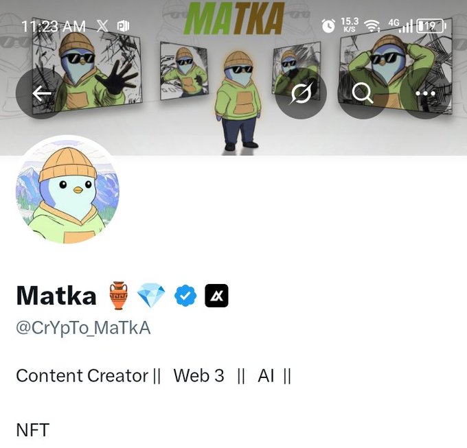 A Twitter/X profile for "Matka 🤖💎" (@CrYpTo_MaTkA) describing themselves as "Content Creator || Web3 || AI || NFT" with a cartoon bird mascot avatar.