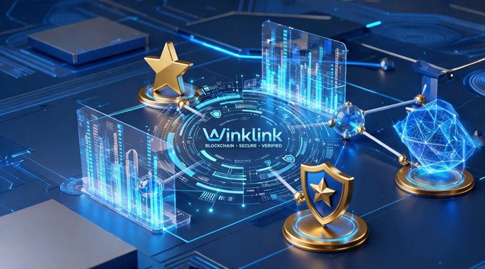 A futuristic 3D graphic showing a glowing blue network with holographic screens, a shield, and star on a circuit board background, prominently featuring the text 'Winklink BLOCKCHAIN • SECURE • VERIFIED'.