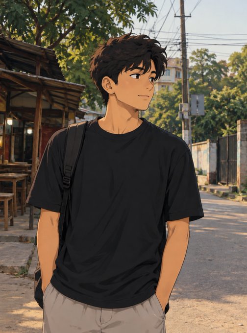 Anime-style illustration of a young man with messy dark hair wearing a black t-shirt, standing on a sunlit street with trees and buildings in the background.