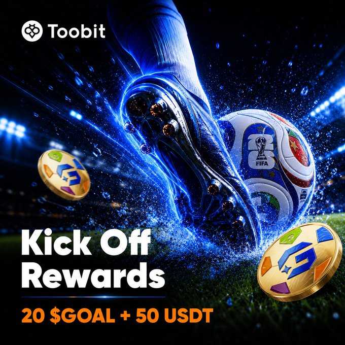 A promotional advertisement for Toobit features a soccer cleat kicking a FIFA-branded ball with 'Kick Off Rewards 20 $GOAL + 50 USDT' text displayed.