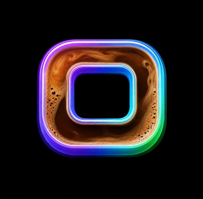 A 3D rendered, rounded square icon featuring a brown coffee-like liquid texture inside a neon-lit, colorful gradient border on a black background.