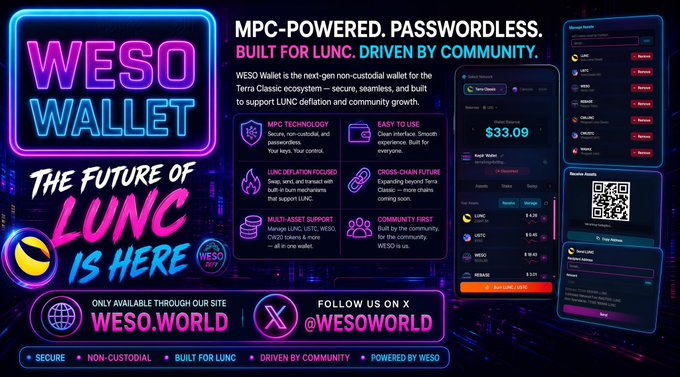 A promotional banner for the WESO Wallet, described as 'MPC-POWERED, PASSWORDLESS' and 'BUILT FOR LUNC, DRIVEN BY COMMUNITY,' with the tagline 'THE FUTURE OF LUNC IS HERE' and website wesoworld.com.