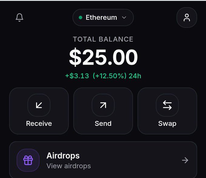 A crypto wallet dashboard shows an Ethereum balance of $25.00, up $3.13 (+12.50%) in 24 hours, with Receive, Send, and Swap action buttons. The image visually represents the poster's lament about being down to their last $25, highlighting the modest balance as they ask the community for investment picks to grow their dwindling wallet.