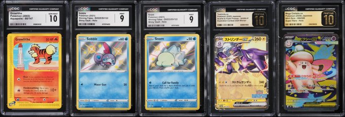 Five CGC (Certified Guaranty Company) graded Pokémon cards including Growlithe, Sobble, Swirlix (Snover), and Japanese cards like Stellar Tera Forme Mewtwo and Shaymin, with grades ranging from 9 to 10.