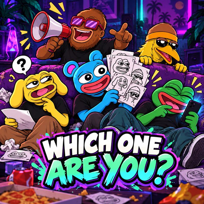 A colorful cartoon-style image featuring a group of meme-like characters hanging out on a couch in a neon-lit room, with large text at the bottom reading 'WHICH ONE ARE YOU?'.