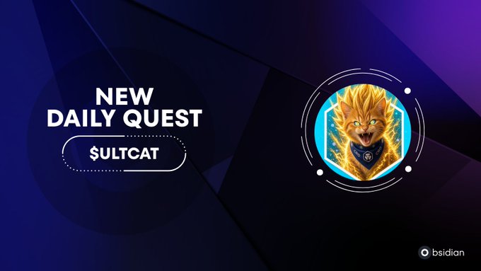 A promotional banner announcing a 'NEW DAILY QUEST' for $ULTCAT, featuring an illustrated fiery cat character in a hexagonal frame on a blue geometric background.