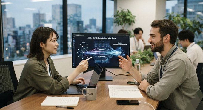 A man and woman collaborate at a modern desk in an office with a city skyline view, discussing a monitor displaying an AI/AR augmented intelligence diagram with network nodes and text.