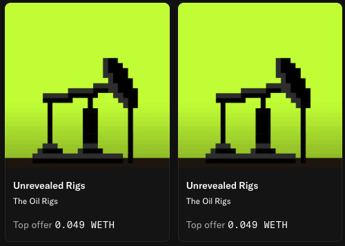 Two identical NFT listings from the "Unrevealed Rigs" collection titled "The Oil Rigs" are displayed side by side, each showing a pixelated oil rig icon on a green background with a top offer of 0.049 WETH. The image relates to the post by showcasing these specific NFT assets being considered for a "MAX BIDDING" strategy using the mentioned ACO service.