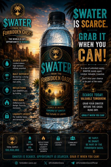 A promotional advertisement for '$WATER from the Forbidden Oasis' featuring a water bottle, with text including '$WATER IS SCARCE. GRAB IT WHEN YOU CAN!' and 'TOTAL SUPPLY 100,000,000'.