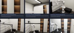Four side-by-side screenshots of a robotic vacuum cleaner navigating different rooms including bedrooms and a kitchen area.